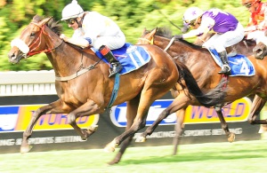 High Flyer! Sky Pirate (MJ Odendaal) powers through to win the Allez France Handicap