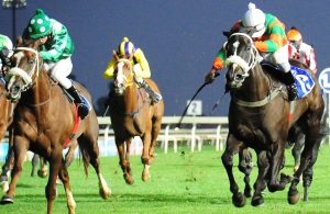 Fighting Fit. Alcanina (right) comes home strongly to win the Man O' War