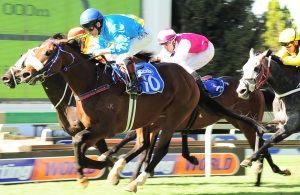 Home Run. Wylie Hall (MJ Odendaal) finishes full of running to win the Listed Derby Trial Handicap