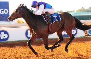 Hot! Mr Vindaloo (Francois Herholdt) storms clear to cause the upset at Kimberley today