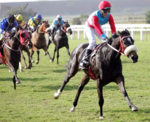 Full Of Promise! Kevin Shea is high in the stirrups as Dylan's Promise cruises in to win the Gr2 Oaks