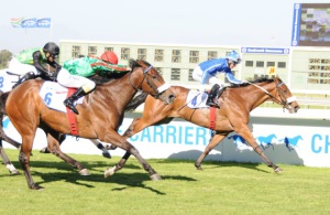 Fast Filly! In The Fast Lane flashes through down the inside to beat Highly Decorated and Alascan Maiden (Equine Edge)