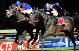 Wild! Tiger's Retreat (inside) under Raymond Danielson, holds off a determined Master Sabina, with Robbie Fradd in the saddle. (JC Photos)