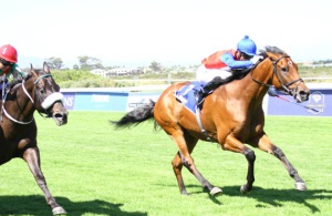 Tight Finish. Richard Fourie drives Blaze Of Noon up to win the Gr3 Politician Stakes (Equine Edge)
