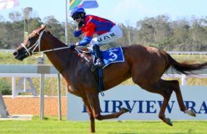 Flying High. Chestnut's Rocket is guided home by MJ Byleveld to win the Listed Ibhayi Stakes (Coastal Photos)