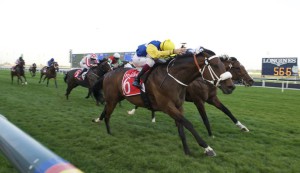 Shea Shea lands his second consecutive Meydan Sprint under a confident ride from Christophe Soumillon, for trainer, Mike de Kock ( Dubai Racing Club // Andrew Watkins)