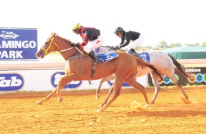 Sir Isaac gallops away under Louis Nhlapo to beat stablemate Blushing Grey (JC Photos)
