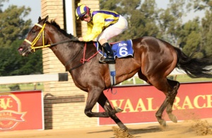 Francois Naude has Tommy Gun running strongly to win the Riverside Handicap (JC Photos)