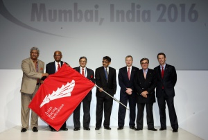 New Asian Racing Federation Chairman Mr Winfried Engelbrecht-Bresges announces that India will become the host country for the 36th Asian Racing Conference. From right: The Secretary-General of the Asian Racing Federation Mr Andrew Harding; The Hong Kong Jockey Club Chairman Mr T Brian Stevenson; New Asian Racing Federation Chairman Mr Winfried Engelbrecht-Bresges and Chairman of the Turf Authority of India Mr Vivek Jain, at the Asian Racing Federation flag handover ceremony