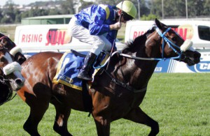 Warren Kennedy salutes as Forries Waltz finishes powerfully to win the Gatecrasher Stakes