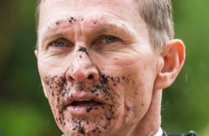 A muddied Piere Strydom during a jockey international when he represented SA