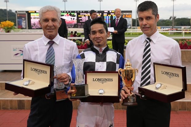 A Golden moment in time: (from left) Trainer Patrick Shaw, apprentice jockey Shafiq Rizuan and assistant-trainer Ricardo Le Grange