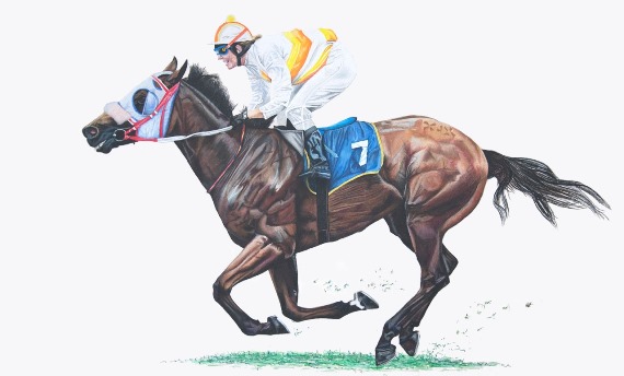 A pastel of Caryn winning on Top Cat at Clairwood in 1998