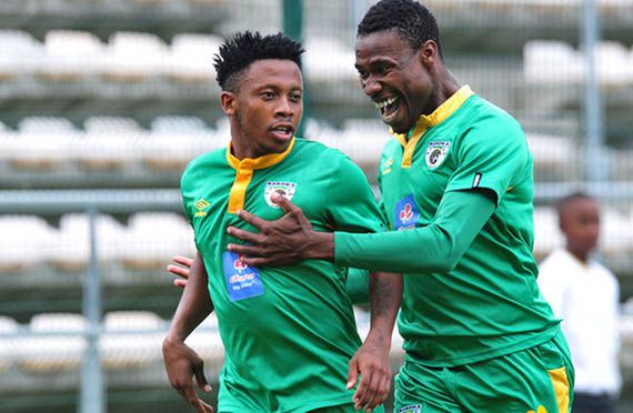Thabiso Kutumela of Baroka FC celebrates his goal with teammate Lucky Mothwa during the National First Division 2015/16 game between Milano United and Baroka FC at Athlone Stadium, Cape Town on 8 November 2015 ©Ryan Wilkisky/BackpagePix
