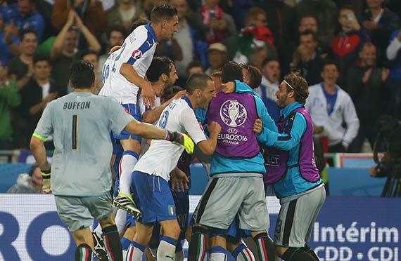 Gianluigi Buffon of Italy charges down the field to celebrate their second goal during the UEFA European Championship 2016 match at the Parc Olympique Lyonnais, Lyon. Picture date June 13th, 2016 Pic Phil Oldham/Sportimage via PA Images