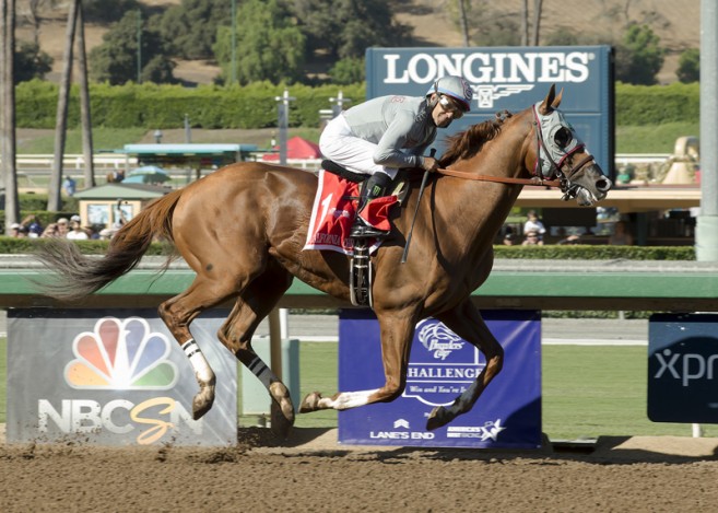 California Chrome gears down across the line in the Awesome Again Stakes (photo: Santa Anita)