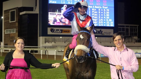 Magic moment! Gavin and his wife Kirsten lead in the winner with an elated Warren Kennedy in the saddle