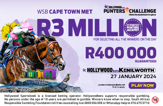 A reminder that punters could win big in the Hollywoodbets Punters’ Challenge on the World Sports Betting Cape Town Met raceday on Saturday 27 January. All you have to do is make your Punters’ Challenge selections for Hollywoodbets Kenilworth and you could win an estimated *R3 Million Jackpot prize for selecting all the winners on the day. There’s also a massive *R200 000 for placing in the Top 50 on the leaderboard and a must-be-won prize of *R200 000 for the punter/s who selects the most winners on the day. *Amounts subject to Bet Slip bonus rules
