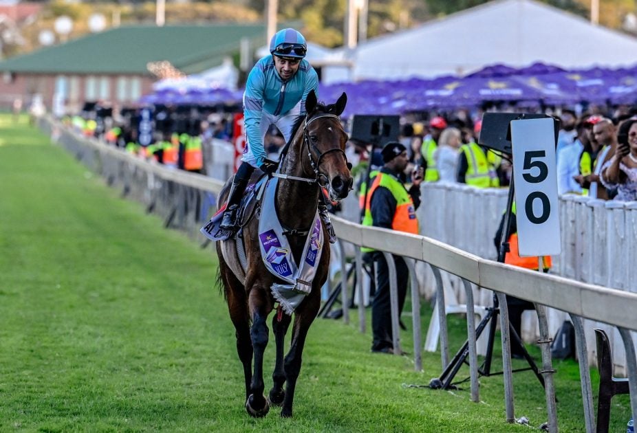 Hollywoodbets Gr1 Durban July 2024 winner Oriental Charm (JP van der Merwe) take a victory lap