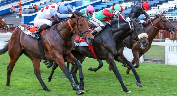 WSB Gr Guineas in 2020 - Wild Coast (Donovan Dillon) grabs Padre Pio (Craig Zackey) on the line. Third placed Golden Ducat (Warren Kennedy) is in the red cap