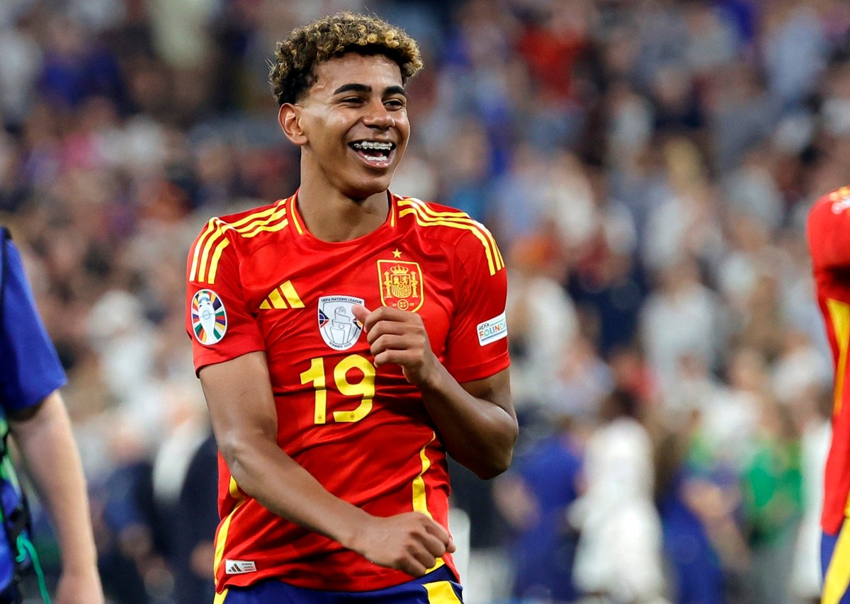 Lamine Yamal of Spain celebrates winning the UEFA EURO 2024 semi-finals soccer match between Spain and France in Munich, Germany