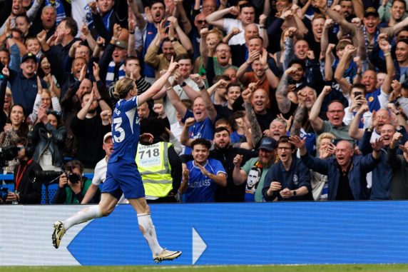 Conor Gallagher of Chelsea celebrates after scoring 2-0 goal during the English Premier League soccer match between Chelsea FC and West Ham United