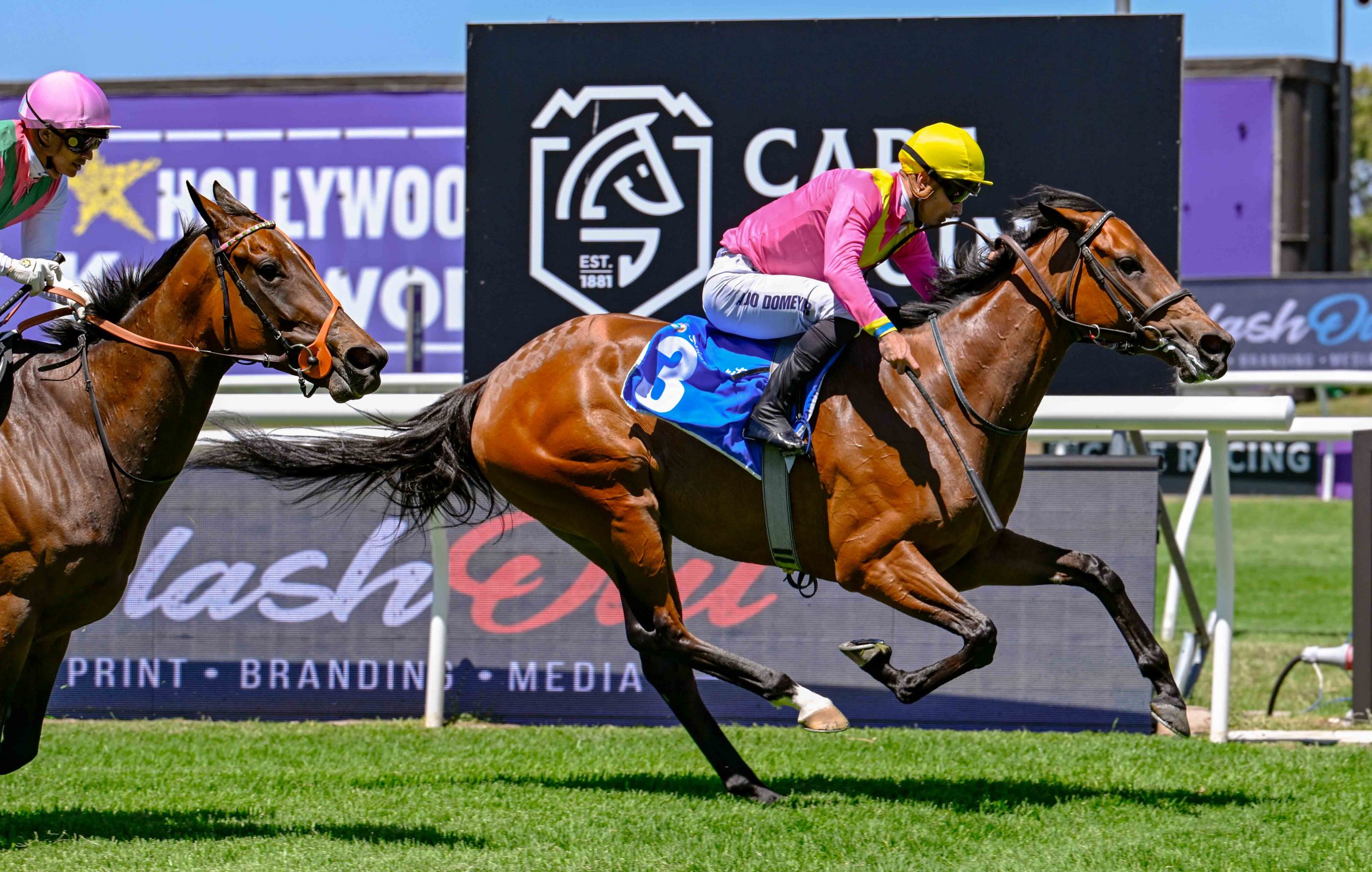 Rainbow Lorikeet (Aldo Domeyer) win the SplashOut Victress Stakes. Knockout (Grant van Niekerk) hold on for 2nd (Pic - Chase Liebenberg)