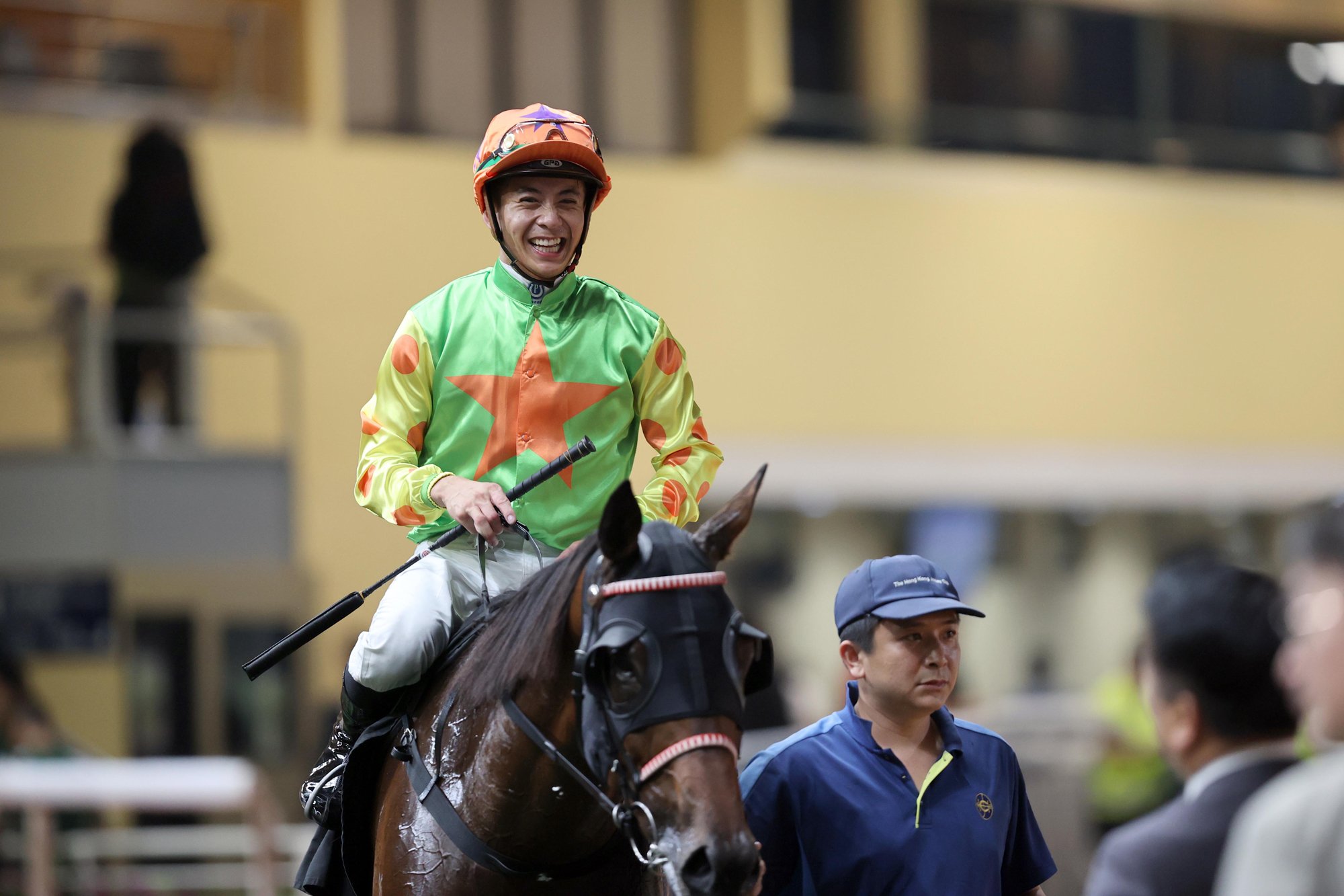 Derek Leung celebrates Class 4 Sauternes’s Cup Handicap victory (Pic - HKJC)