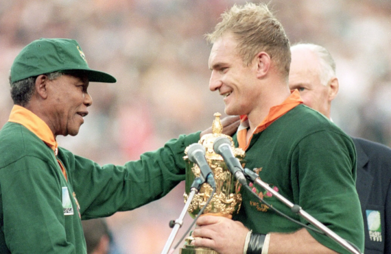 Nelson Mandela and Francois Pienaar celebrated a magic moment a month after the first Sunday racemeeting (Pic - Supplied)