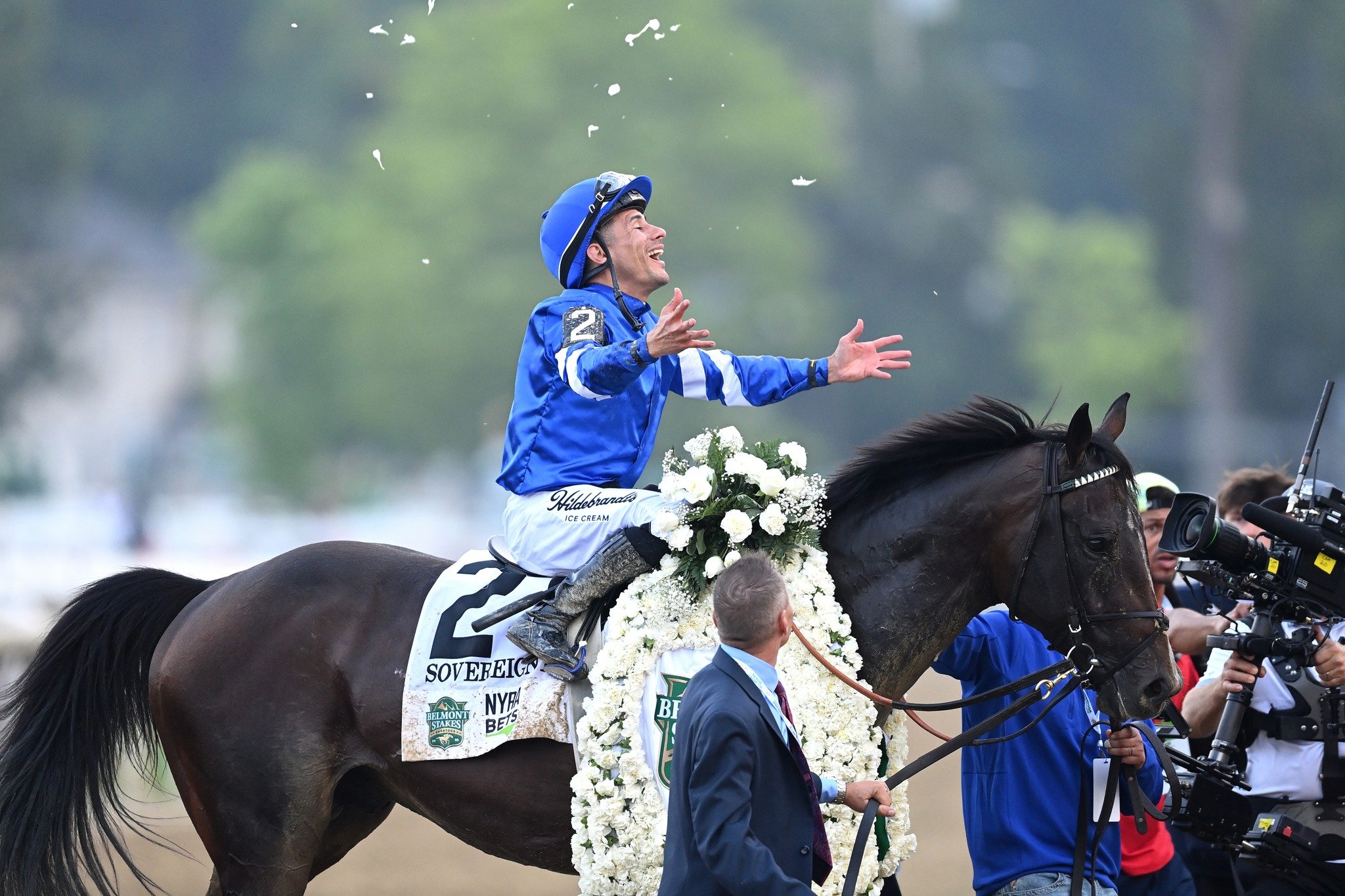Junior Alvarado celebrates after the Belmont (Pic - Belmont Stakes)