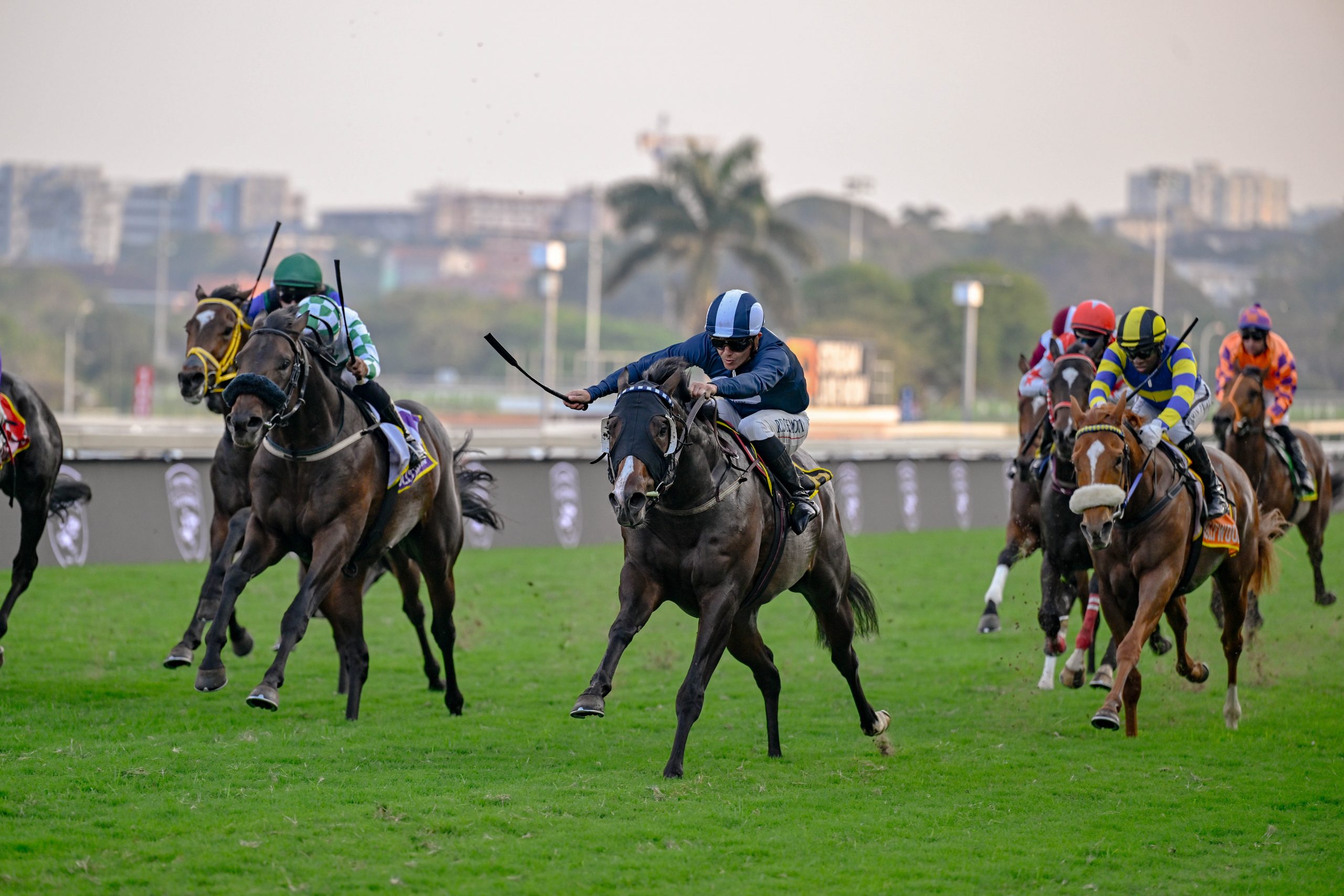 Malmesbury Missile (Richard Fourie) made up many lengths from near last to win the Hollywoodbets Sharks Listed Gatecrasher Stakes (Pic - Chase Liebenberg)