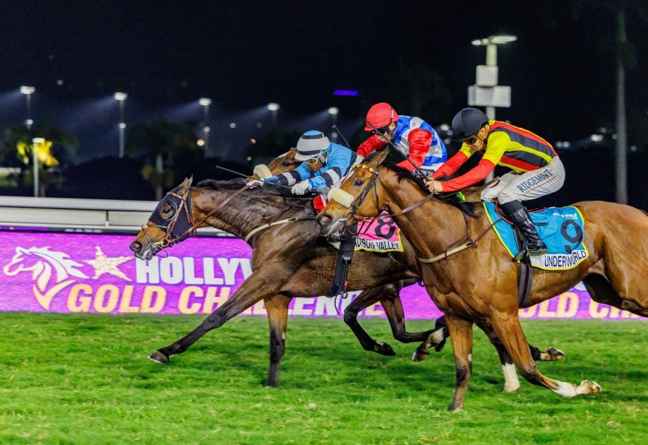Muzi Yeni drives Madison Valley down the middle as Underworld (Richard Fourie on outside) and On My Honour (Chad Little) put the pressure on (Pic - Candiese Lenferna)